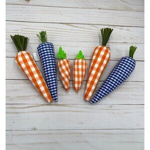 Plaid carrot lot for tiered trays Blue orange buffalo checkered decor Spring